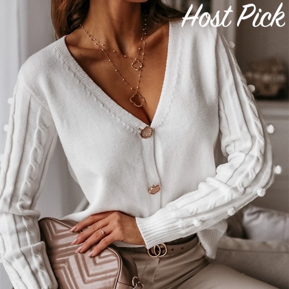 Rouge! Sweaters - 🎥 White Pom Pom Detail V-Neck Button Cardigan